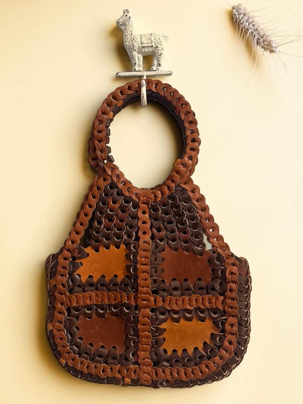 RARE Vintage Handmade Genuine Leather Woven Laced Bag Boho Artisan Unlined Purse